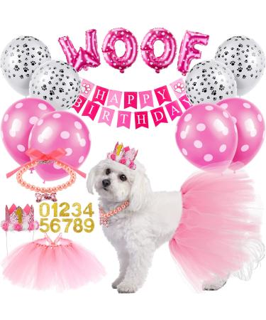 13 Pcs Dog Birthday Party Supplies Decorations Cute Dog Girl Birthday Bandanas Set Pink Tutu Skirt Dog Crown Hat Pearl Necklace Happy Birthday Banner 9 Pink Woof Paw Balloons Toy for Puppy Pet Cat Dog