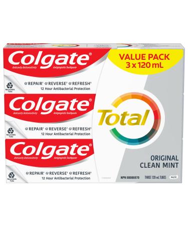 Colgate Total Clean Toothpaste - Original Clean Mint - Professional Teeth Whitening with Sensitivity and Enamel Protection for a Fresh Clean Smile - Dentifrice for Daily Oral Care 120 mL Pack of 3