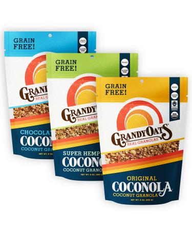 GrandyOats Organic Coconut Granola, Variety Pack Coconola - Gluten Free, Paleo Friendly, Grain Free, Low Carb, Low Sugar and Non-GMO, 9oz Bags, Bulk Pack of 3