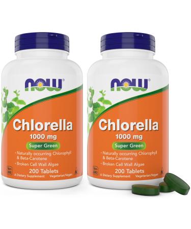 NOW Chlorella Tablets 1000mg, 200 Tabs (Pack of 2) Non-GMO Microalgae - Green Superfood Supplement