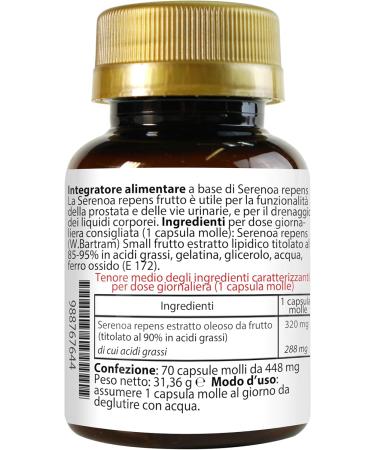 LABOTTEGADEGLIINTEGRATORI SERENOA REPENS 70 SOFTGELS WITH 320 MG OIL STANDARDIZED AT 90 SOFT CAPSULES FOR THE PROSTATE AND URINARY TRACT 1 SOFTGEL CAPSULE PER DAY - Buy Online on GoSupps.com