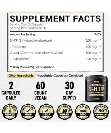 5-HTP 200mg GABA 500mg L-Theanine 200mg & L-Tryptophan 100mg Supplement - Premium 4-in-1 for Brain Health Circulation Focus & Sleep - 60 Capsules 1 Month Supply - Buy Online on GoSupps.com