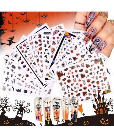 EBANKU Halloween Nail Decals Stickers 12 Sheets Self-Adhesive DIY Nail Art Tips Stencil for Halloween Party Include Pumpkin/Bat/Ghost/Witch