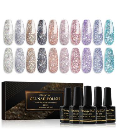 Shining She Glitter Gel Nail Polish 10 Colours Sliver Black Gold White Sparkly Nail Polish Soak-Off UV/LED Lamp Nail Polish Gel Gift for Women Nail Art Salon DIY Home 8ML - Buy Online on GoSupps.com