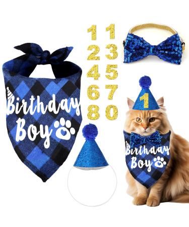 Cat Birthday Party Supplies with Birthday Hat Scarfs Tie Birthday Number Cat Birthday Bandana Cat Themed Birthday Party Decor for Cat Party Decoration (Blue)