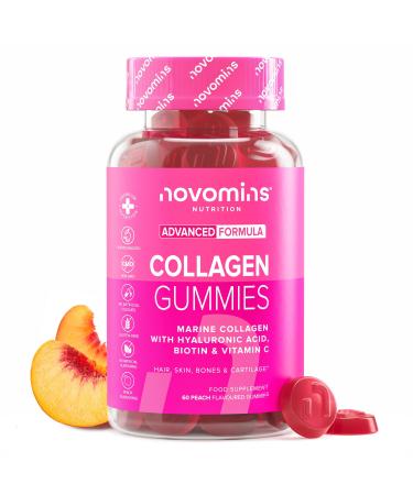 Collagene Marin et Acide Hyaluronique - Gummies de Collag ne avec Vitamine C & Biotine - Collag ne Hydrolys Sup rieur de Type 1-60 Gummies Pousse Cheveux - Peptide de Collagene - Novomins