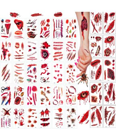 40 Sheets Halloween Temporary Tattoo Stickers  Zombie Scars Tattoo Sticker  Realistic Terror Fake Bloody Wound Stitch Face Chest Scar Scab Waterproof for Halloween Masquerade Prank Makeup Props