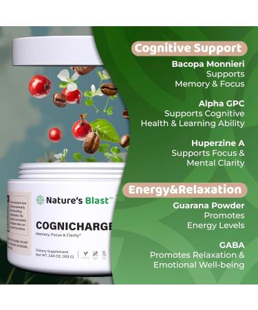 NATURES BLAST CogniCharge Brain Supplements for Memory Focus & Clarity - with Bacopa Monnieri Extract Guarana Powder Niacin L-Tyrosine Alpha GPC GABA - 3.63 Oz - 30 Servings - Cocoa Mist Flavor - Buy Online on GoSupps.com