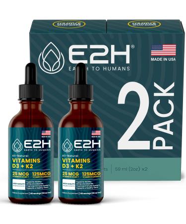 E2H EARTH TO HUMANS Vitamin D3 & K2 Supplement for Immune Support - Liquid Vitamin D3 5000 IU - Made in The USA | Non-GMO Vegan - (2 Bottles) 1 Fl Oz (Pack of 2)