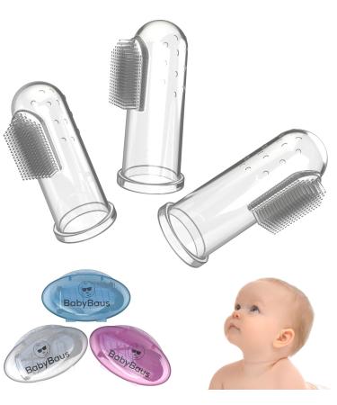 BabyBaus: Baby Finger Toothbrush | Easy Oral Hygiene for Kids, Toddlers, Babies and Pets | Soft, Massaging Bristles, Ergonomic Design  Set of 3, with 3 Cases in Blue, Pink, Clear