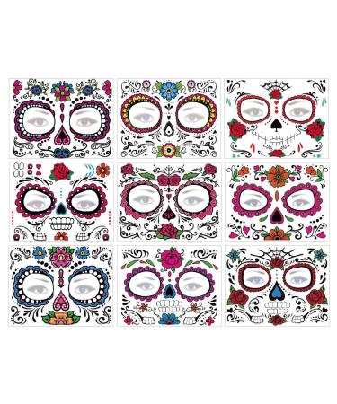 Day of Dead Face Tattoos Set: 6-Sheet Sugar Skull Temporary Stickers & 3-Sheet Floral Skeleton Mask - Halloween Makeup for Women, Girls, Kids - Buy Online on GoSupps.com