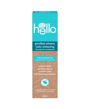 Hello Goodbye Plaque Whitening Fluoride Free Toothpaste - Natural Peppermint with Tea Tree and Coconut Oil Vegan SLS Free Gluten Free and Peroxide Free Whitening Toothpaste 98 mL Peppermint 98 ml (Pack of 1)