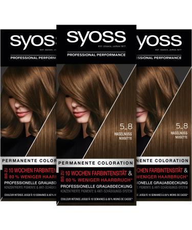 Syoss Color Coloration 5_8 Hazelnut Level 3 (3 x 115 ml) permanent hair color for up to 10 weeks of color intensity and 70 % less hair break* hazelnut 1 piece (3 pack)
