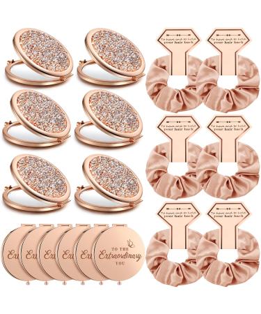 Chunful 6 Sets Gift for Bridesmaids Rose Gold Scrunchies Metal Compact Mirrors Wedding Gift for Bridesmaids Bridal Shower Proposal Favors