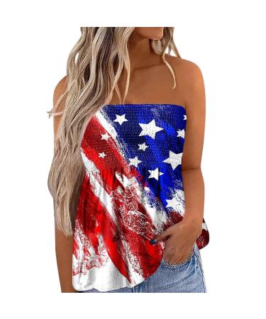 NIANTIE 4th of July Shirts Women Tank Tops American Flag Shirt Distressed Patriotic Tube Tops Strapless Striped Shirts A06-blue Medium