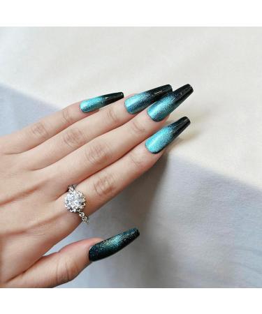 Shop Long Coffin Green Gradient Press On Nails | Cat Eye Acrylic False Nails for Women - Stylish & Easy to Apply - Buy Online on GoSupps.com