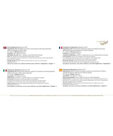 Vita World Magnesium 400mg 120 capsules Made in Germany - Buy Online on GoSupps.com