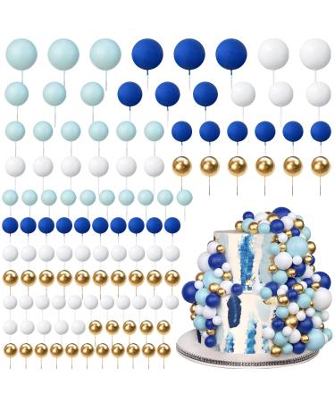 113 PCS 5 Size Colorful Balls Cake Topper Foam Ball Cake Decorations Ball Shaped Cake Insert Topper for Birthday Baby Shower Wedding Decoration Supplies (Gold Blue White Dark Blue)
