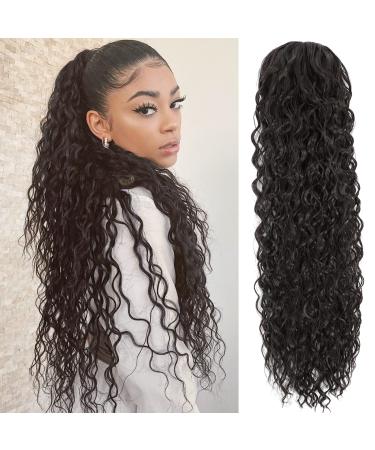 Drawstring Ponytail Extension Dark Brown 24 Inch Long Ponytail For Women Black Deep Wave Hair Extensions Ponytail Curly Pony Tails Synthetic Clip In Ponytail Hair Extensions (24 Inch  4) 24 Inch 4