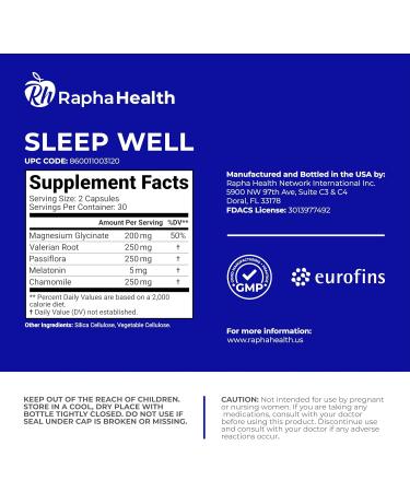 RAPHA HEALTH - Sleep Well | Natural Sleep Aid with Magnesium Glycinate Valerian Root and Chamomile | Non-Habit Forming | 60 Capsules - 30 Nights of Restful Sleep - Buy Online on GoSupps.com