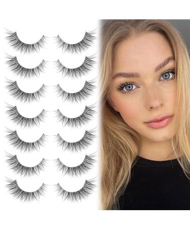 Natural False Eyelashes Wispy Lashes Pack Faux Mink Eyelashes with Clear Band Crisscrossed Cat Eye lashes 7 Pairs Short Strip Lashes by Focipeysa 11mm-Clear Band