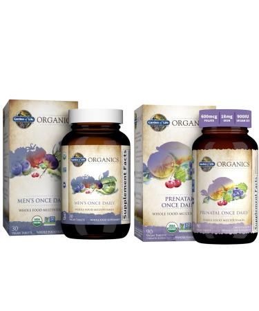 Garden of Life Organics Prenatal Vitamin: Folate for Energy & Healthy Fetal Development & Organics Multivitamin for Men - Men's Once Daily Whole Food Vitamin Supplement Tablets Vegan 30 Count