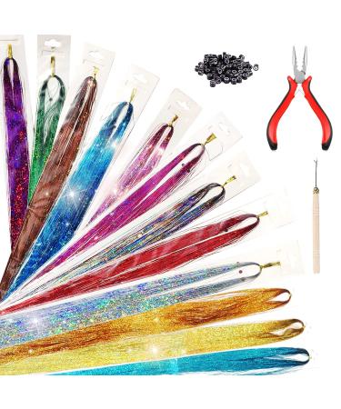 Hair Tinsel Kit Strands With Tool 46Inch 12 Colors 3600 Strands Fairy Hair Tinsel Glitter Sparkling Shiny Silk Tinsel Hair Extensions For Women Girls
