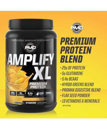 PMD Sports Amplify XL Premium Whey Protein Supplement Hydro Greens Blend - Glutamine and Whey Protein Matrix with Superfood for Muscle Strength and Recovery - Mango Mania (24 Servings) - Buy Online on GoSupps.com