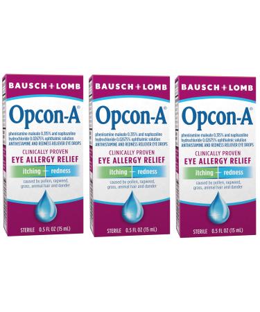 Opcon-A Allergy Eye Drops, Antihistamine and Redness Relief for Itchy, Red Eyes, Soothes Irritation from Pollen, Ragweed, Grass, Animal Hair & Dander, Clinically Proven Formula, 0.5 Fl Oz (Pack of 3)