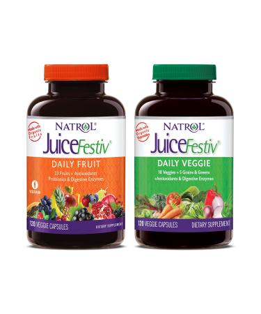 Natrol Juicefestiv Daily Fruits&Veggies Capsules  with SelenoExcell  46 Fruits  Vegetables  Grains&Greens  60 Servings  Improves Metabolism  Boosts Energy&Well-Being  240 ct (Two 120 ct Bottles)