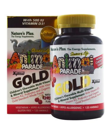 Nature's Plus Source of Life Animal Parade Gold Children's Chewable Multi-Vitamin & Mineral Supplement Natural Cherry Flavor 120 Animal-Shaped Tablets