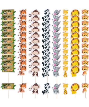 96 Pieces Safari Cupcake Toppers Jungle Animal Cupcake Picks Tiger Zebra Monkey Leopard Elephant Giraffe Lion Toothpicks Zoo Theme Cake Decorations for Baby Shower Birthday Party Favors Supplies
