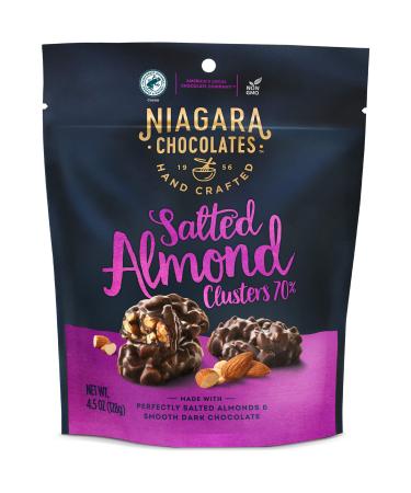 Niagara Chocolates Dark Chocolate and Salted Almond Clusters Stand-Up Bag (4.5oz) Non-GMO, Premium Chocolate, Hand-Crafted Dark Salted Almond Clusters 4.5 Ounce (Pack of 1)