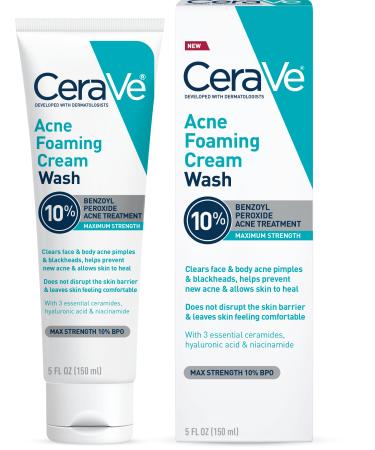 CeraVe Acne Foaming Cream Wash | Gentle Face and Body Acne Cleanser with Benzoyl Peroxide 10% Hyaluronic Acid and Niacinamide | Acne Treatment Clears Pimples Blackheads Chest and Back Acne | 5 Oz