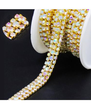 JEGOYER 3 Rows 2 Yards Crystal Rhinestone Trim Close Chain  Diamond Rhinestone Banding Applique for DIY Decoration and Bridal Embellishments  Ideal for Wedding Party Clothing (AB-Gilded)