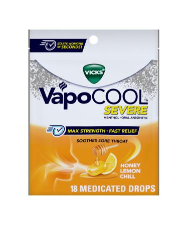 Vicks VapoCOOL Severe Medicated Sore Throat Drops Fast-Acting Max Strength Relief Soothes Sore Throat Pain Caused by Cough Powerful Vapors Menthol Honey Lemon Chill Flavor 45ct