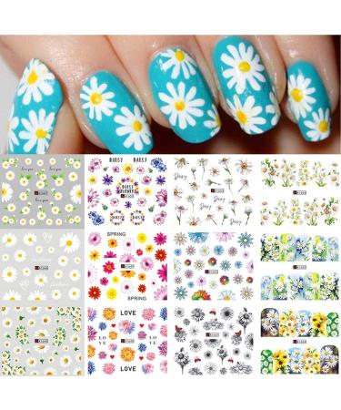 Daisy Nail Art Stickers Decals Flower Nail Stickers Water Transfer Nail Decals Slider Spring Summer Nail Decorations Accessories for Women Girls 12 Sheets (Daisy)