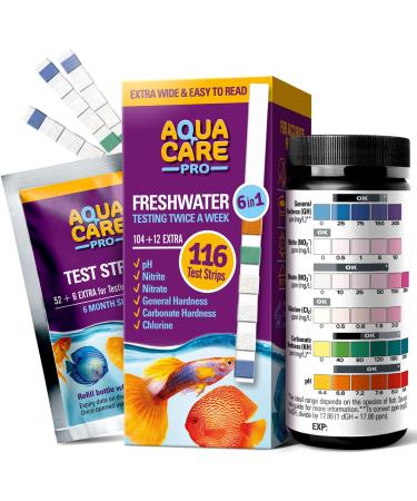 Freshwater Aquarium Test Strips 6 in 1 - Fish Tank Test Kit for Testing pH Nitrite Nitrate Chlorine General & Carbonate Hardness (GH & KH) - Easy to Read Wide Strips & Full Water Testing Guide, 116 Ct