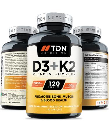 TDN Vitamin D3 K2 Supplement -120 Vegetarian Capsules - Vitamin D3 3 000 IU & Vitamin K2 100ug (MK7) Complex for Bone Heart and Immune Health - Vitamin D 3 with K 2 (MK7) - 60% More Absorption