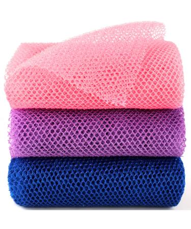 African Net Sponge Long Net Bath Sponge Exfoliating Shower Body Scrubber Back Scrubber Skin Smoother Body Exfoliating Cloth Nylon Bathing Scrubber for Men Women for Daily Use (Blue Pink Purple)