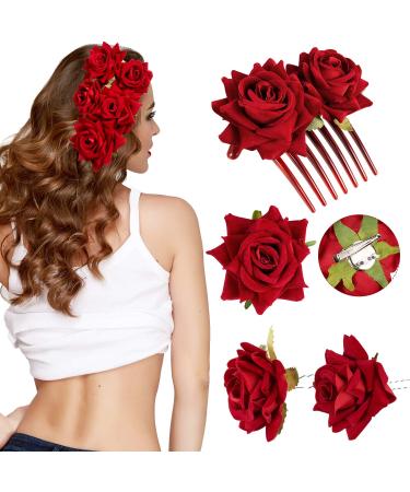 GAJPBLK 4 Pieces Rose Hair Clip Flower Hairpin Rose Brooch Floral Clips Women Rose Flower Hair Accessories