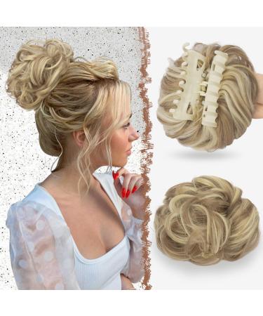 FESHFEN Claw Clip Messy Bun Hair Piece Hair Buns Light Ash Brown & Bleach Blonde Curly Wavy Hairpieces Updos Synthetic Chignon Hair Scrunchies Hair Bun Hair Pieces for Women 1PCS