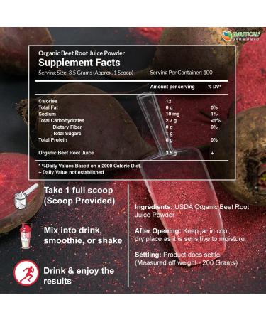 Beet Juice Powder Organic - Cold Pressed - 20:1 Concentrate - Concentrated Beet Root Powder - Nitric Oxide - Circulation Support - 57 Servings of Beet Root Supplement - 7oz 7 Ounce (Pack of 1) - Buy Online on GoSupps.com