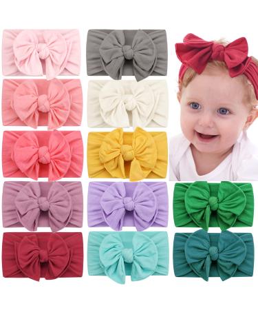 Midodo 12 pieces girl baby-ledge newborn soft elastic baby turban stirring beam arched tapes nylon-Baby-bog-lound wide hair band 12PCS-A