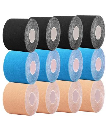 12 Rolls Kinesiology Tape for Knees Muscle Tape for Shoulder Uncut 2" Waterproof 2Inch Sports Tape Athletic Plantar Fasciitis Tape for Pain Knee Support Therapy (4X Beige 4X Black 4X Blue)