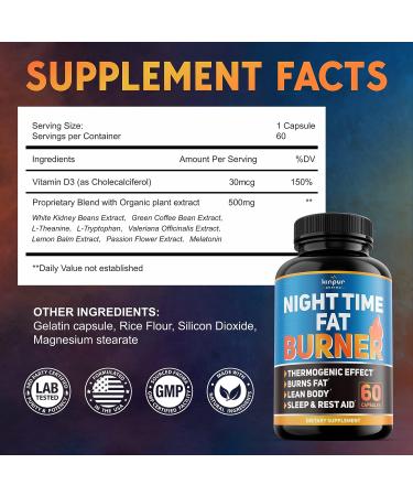 Kinpur Pharma Night Time Fat Burner - 120 Caps - Weight Loss Supplement for Men & Women - Appetite Suppressant, Energy Booster - Natural Plant Extract - Buy Online on GoSupps.com