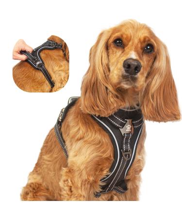 Elite Paws UK: Premium Metal Buckle Dog Harness Strong Safe Padded Comfortable Adjustable Reflective Front/Back Lead Attachments Soft Handle Pet Walking Vest/Training Product (Black Medium) M - (Neck: 34-55cm / Chest: 52-74cm) Black