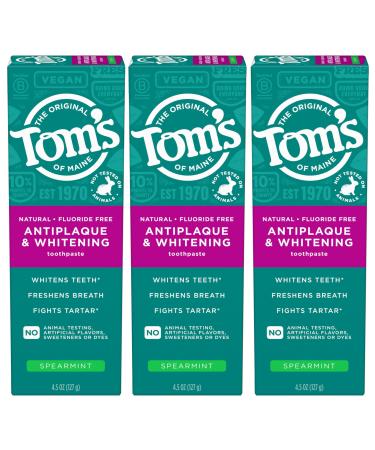 Tom s of Maine Antiplaque and Whitening Fluoride Free Toothpaste Spearmint 3-PACK