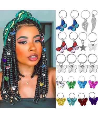 NAISKA 20Pcs Silver Butterfly Hair Braid Clips Dreadlock Accessories Colorful Butterfly Pendant Charms Hair Accessories Star Braid Beads Clips Cuffs Rings Hair Jewelry Gifts for Women Teen Girls