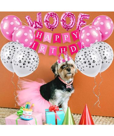 Dog Birthday Party Supplies Set - Pink Tutu Skirt, Crown Hat, Bandanas, Banner, Balloons, Toy & Pearl Necklace - Buy Online on GoSupps.com